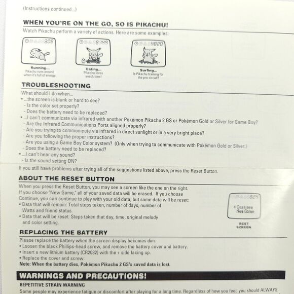 Pokemon Pikachu 2 GS Gold Silver Virtual Pet Instruction Manual ONLY - Picture 2 of 6